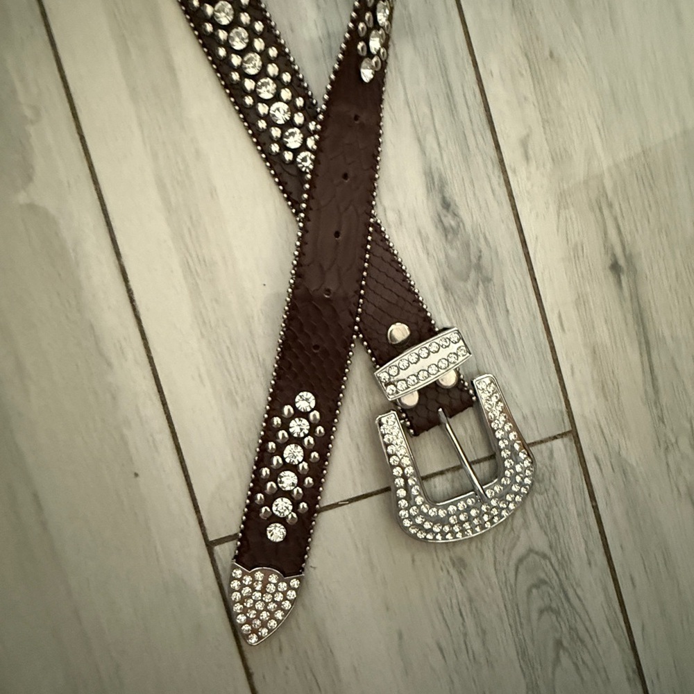 Leather Copper Bronze Fleur De Lis Western RHINESTONE Belt M SM - Picture 3 of 11